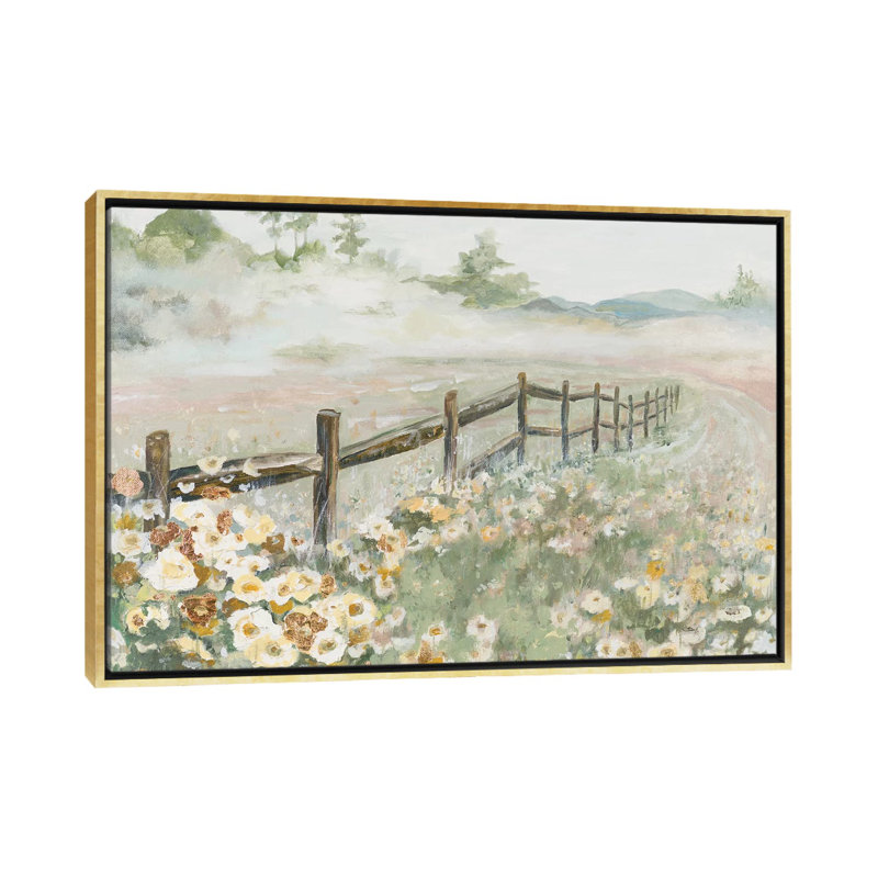 « Clôture avec fleurs » par Patricia Pinto, reproduction d’art, H 48 po x l 32 po x P 1,5 po, Toile encadrée d'or
