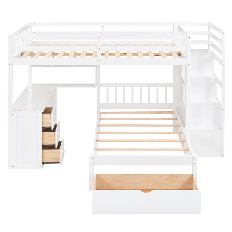 Lit double superposé au-dessus d'un lit simple avec rangement intégré et bureau - idéal pour le sommeil en famille, White