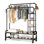  Portant 3-en-1 à tringle double à 4 tablettes, portemanteau en métal avec roulettes et 4 crochets, portemanteau portatif robuste avec tablettes doubles inférieures, organisateur autoportant pour chambre à coucher, noir