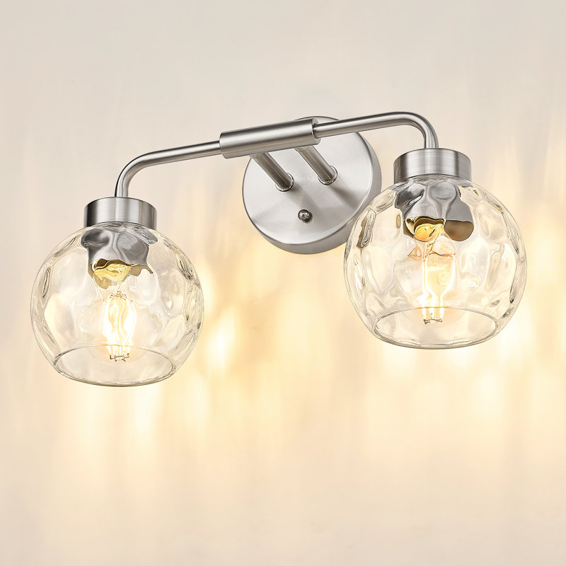 Éclairage pour meuble-lavabo de salle de bain 2 lumières avec verre globe ondulé, nickel brossé, Nickel brossé, Deux lumières