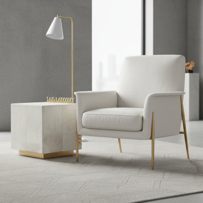Clover Rhapsody White Leather Cube Side Table with Gold Base – Modern Accent Table 