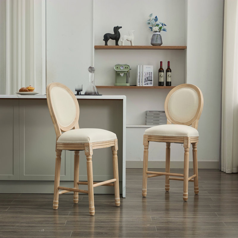 Solid Wood Bar Stools Set Of 2, Classic French Country Wooden Barstools With Upholstered Seating