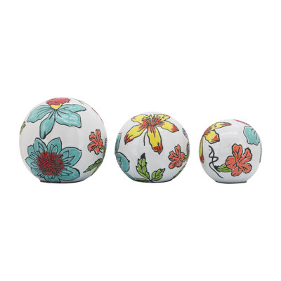 Set of 3 Decorative Orbs Contemporary Multi-Colored Floral Round Orb Decor