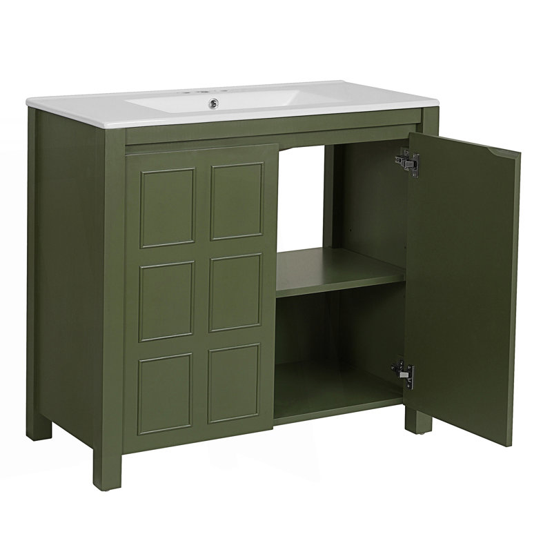 Bathroom Vanity With Ceramic Sink, 2 Door Bathroom Storage Cabinet, Olive Green