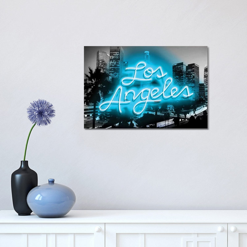 Neon Los Angeles Aqua On Black by Hailey Carr - Wrapped Canvas Print, 30.48cm H x 45.72cm W x 1.9cm D
