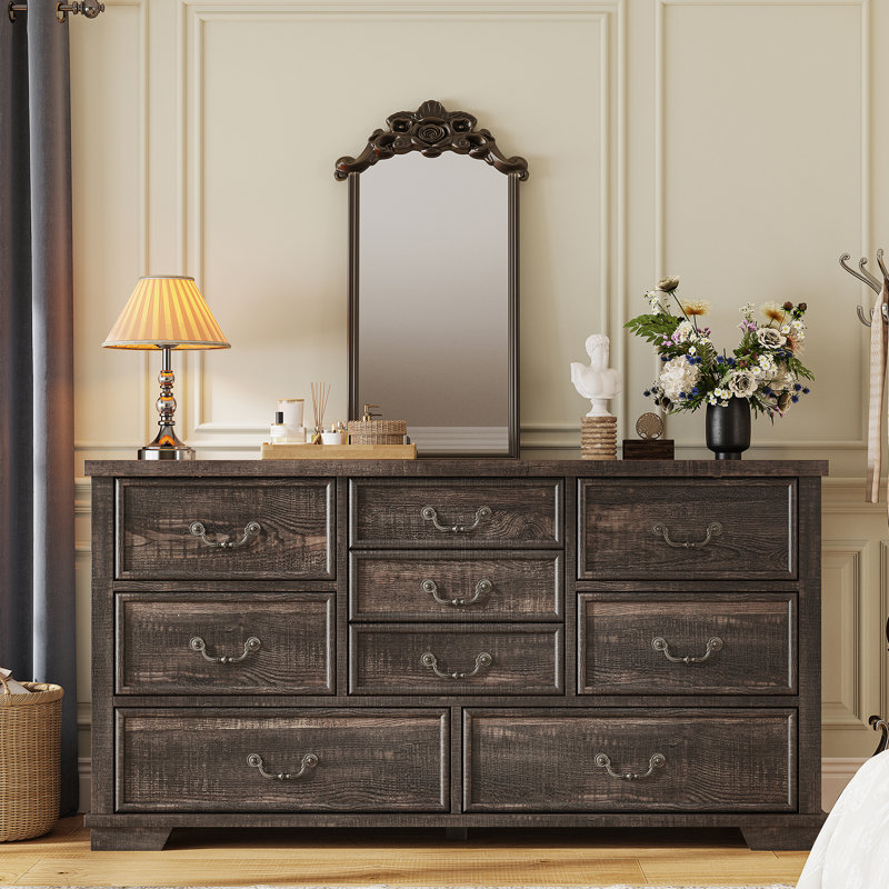Dresser For Bedroom With 9 Drawers, Dark Rustic Oak