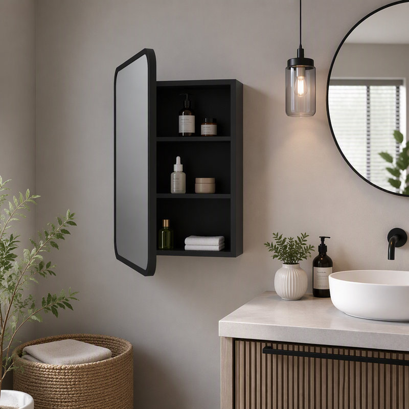 Armoire de salle de bain avec miroir et cadre en métal noir de 14 x 18 pouces, compatible avec une installation murale et encastrée, double fonction de rangement.