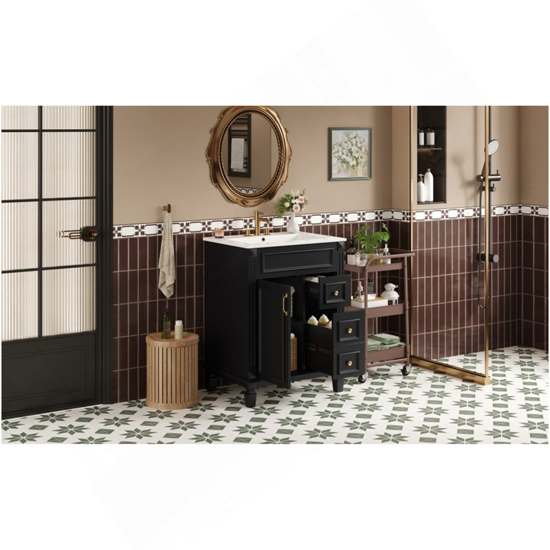 24" Bathroom Vanity With Ceramic Sink, Small Bathroom Sink Cabinet, Modern Cabinet With 2 Drawers And Adjustable Shelf, Black