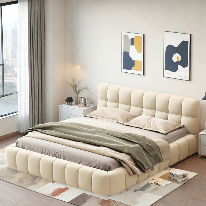 Élégant lit plateforme tapissier avec tissu épais, lit avec base solide, Beige