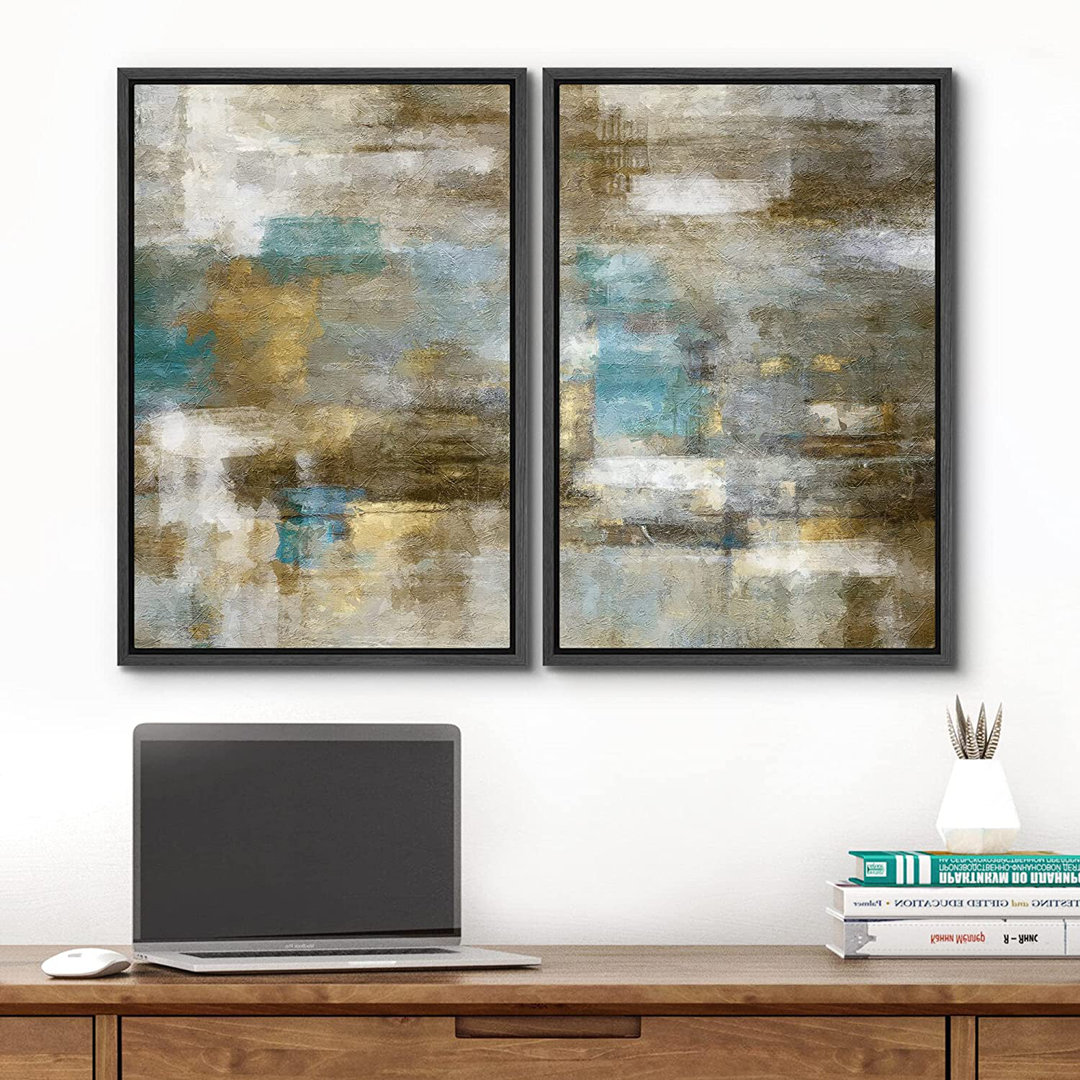 Grunge Abstract Paint Stroke Effect " Mid-Century Modern Teal Brown Strokes " 2 - Pieces IDEA4WALL
