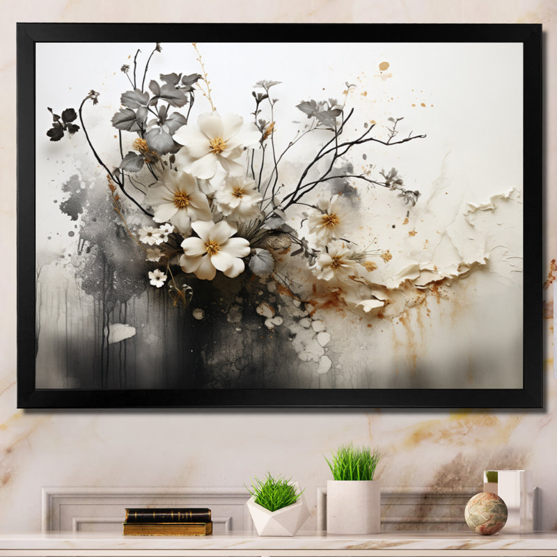 Bohemian Earthly Floral Collage I - Art mural abstrait bohème, H 30 po x l 40 po x P 1,5 po, Cadre photo unique, Noir