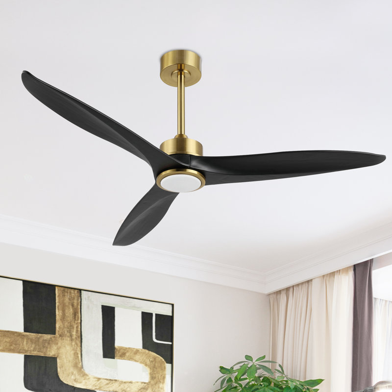 Ventilateur de plafond à 3 pales en bois massif avec télécommande Wivenhoe, 60 po de largeur, Or et pales noires, Yes