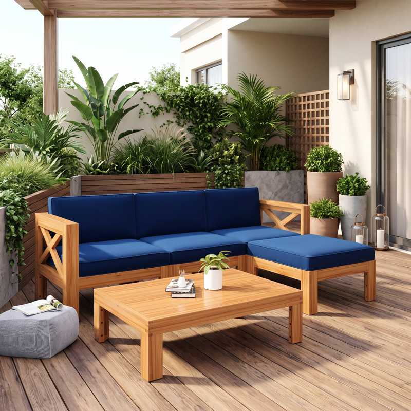 Ensemble de canapé modulaire en bois d'acacia avec dossier en X 5 pièces avec repose-pieds, table basse et housses de coussin amovibles, bleu
