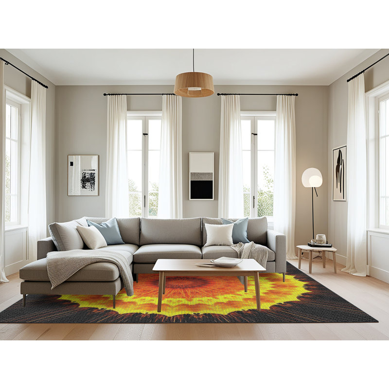 Tapis noir/jaune/orange tissé à la machine, Rectangle 8 pi x 10 pi