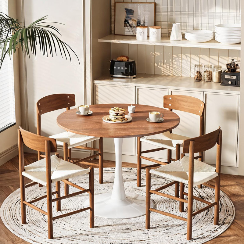Table de salle à manger ronde tulipe blanche avec pied central en noyer, 4 couverts, plateau en MDF de 100 cm (39,4 pouces) pour cuisines résidentielles