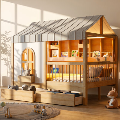 Lit double en bois de pin avec 2 tiroirs et bibliothèque à DEL Aurelle l 57,1 po x P 77,8 po x H 69,6 po