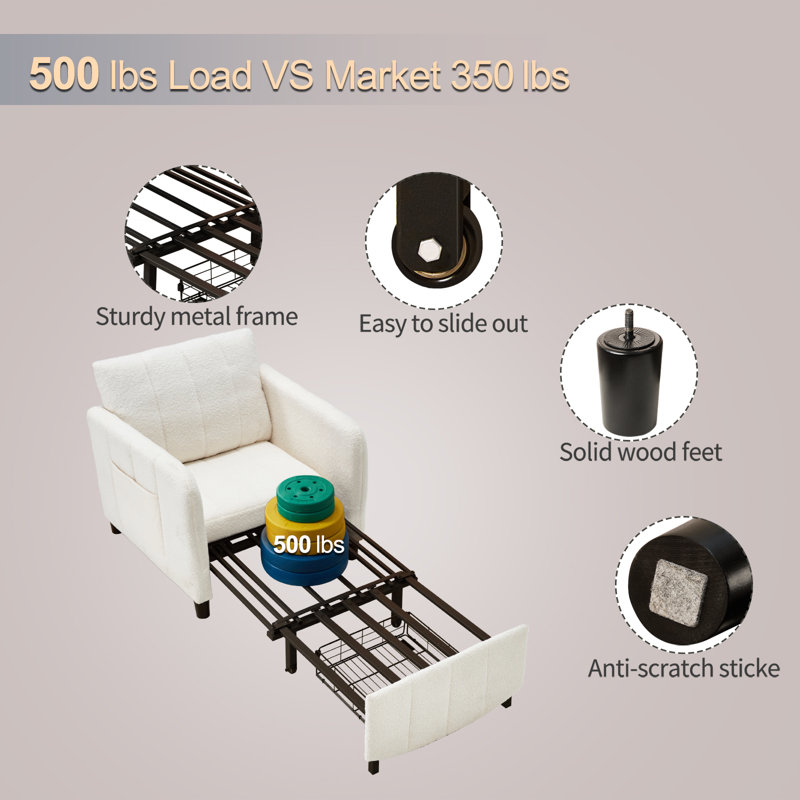Extra Long Convertible 4 in 1 Sleeper Chair with Pull-Out Mechanism, White