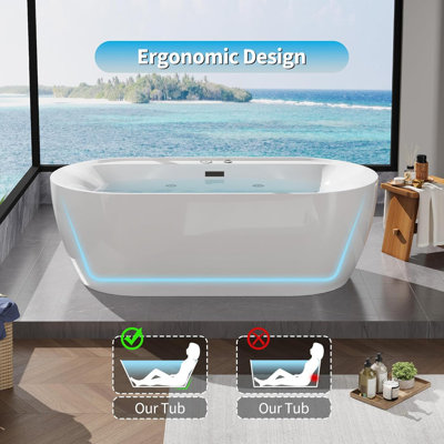 71x35 inch Freestanding Acrylic Bathtub with Air Bubble & Water Jets, Heating & Computer Control