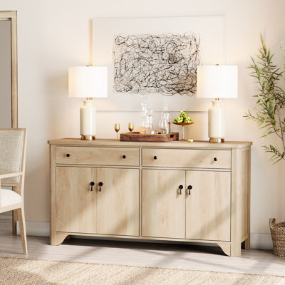 Farmhouse 59" Wide Sideboard Buffet With 4 Doors And 2 Drawers, Adjustable Shelves, Oak