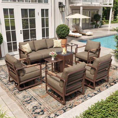 9 - Person Aluminum Patio Conversation Sets with Gilder&Swivel Chairs and Firepit