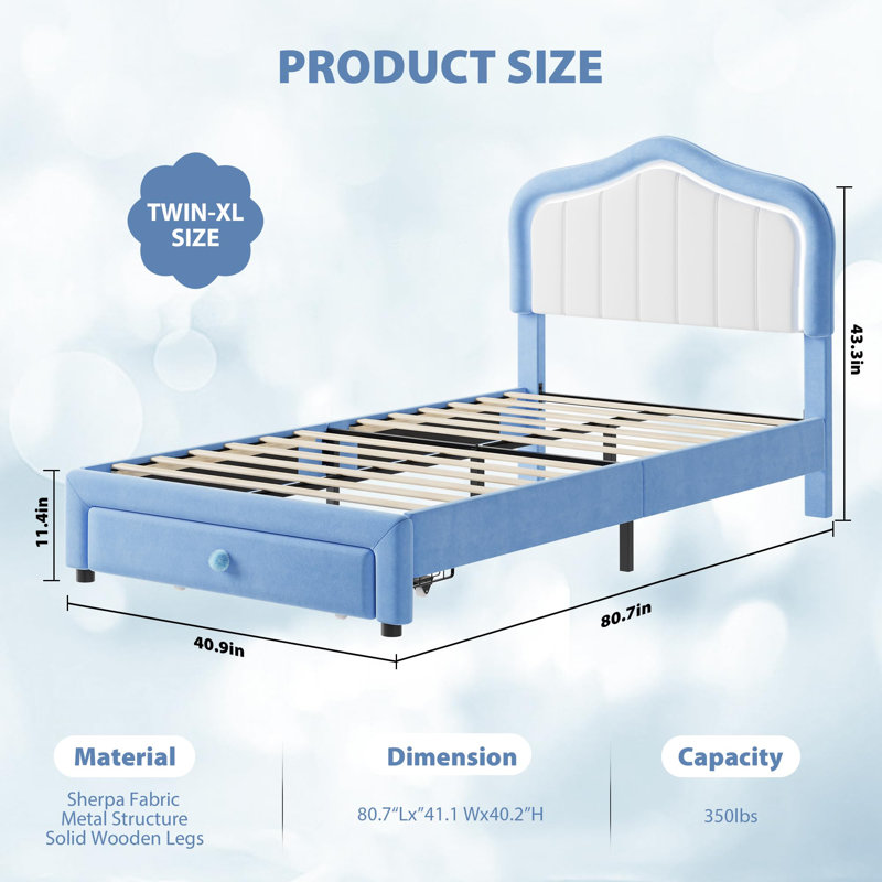 Upholstered Bed Frame with Led Lights and Storage Drawer for Kids, Girls, Boys, No Box Spring Needed, Extra-Long Twin