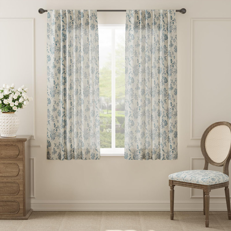Whiteny Floral Semi-Sheer Curtain, 50" W x 63" L, Blue