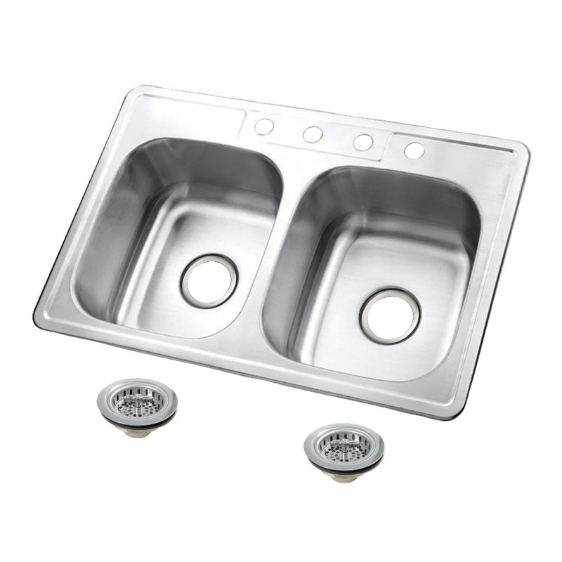 Kingston Brass Studio 33-Inch Stainless Steel Self-Rimming Double Bowl Drop-In Kitchen Sink With 4-Hole Drain And Strainer