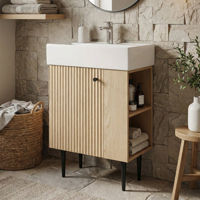 Meuble-lavabo 21,6 po avec lavabo simple en céramique, armoire combinée et rangement à droite - bois