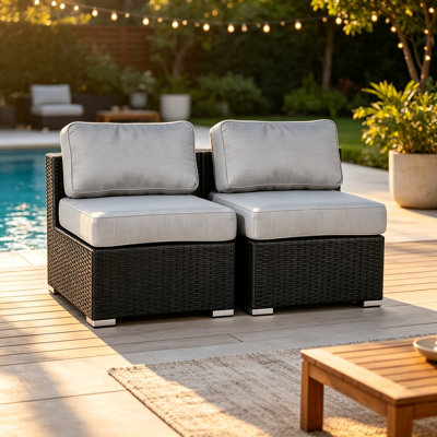 Set of 2 Black HDPE Wicker Armless Patio Chairs with Gray Cushions, Fully Assembled Modular Seats