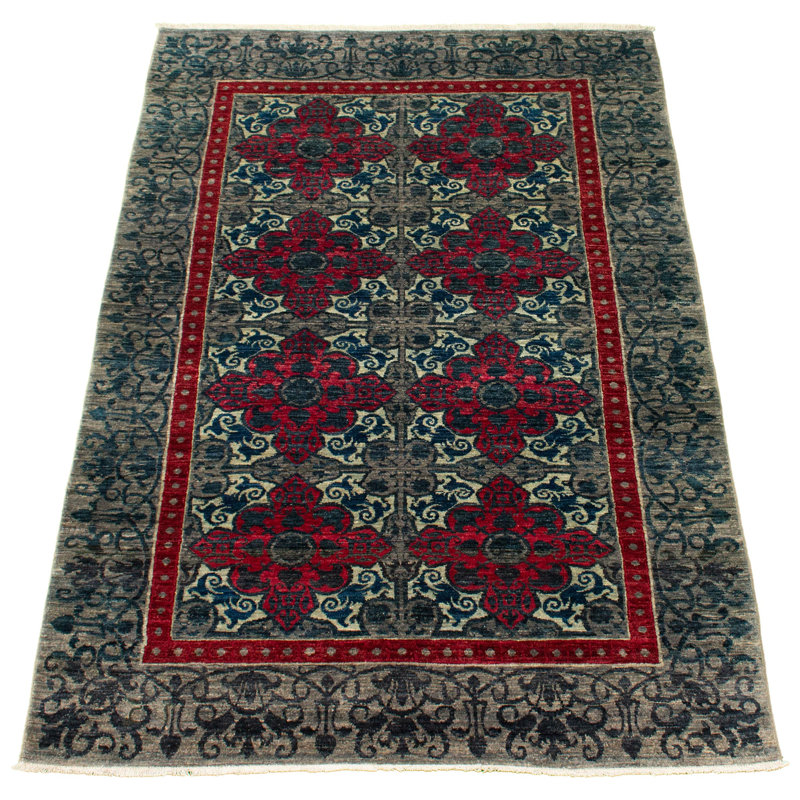 Tapis unique gris / rouge en laine noué à la main 5 pi 2 po x 7 pi 10 po New Age Lahore