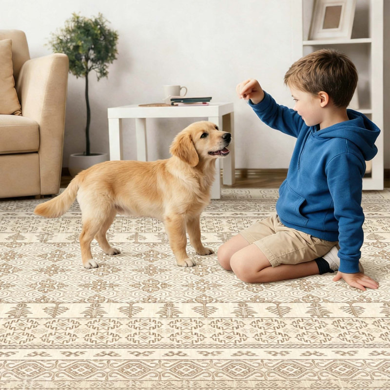 Tapis à bordure géométrique lavable à la machine, Beige, 9 x 12 pi