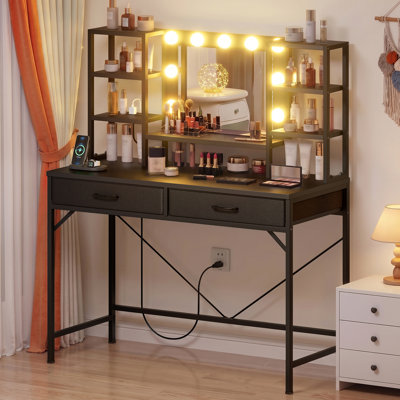 Vanity Desk with LED Lighted Mirror & Power Outlet，Makeup Vanity Table with 2 Fabric Drawers and 6 Storage Shelves, Dressing Table for Bedroom, Black
