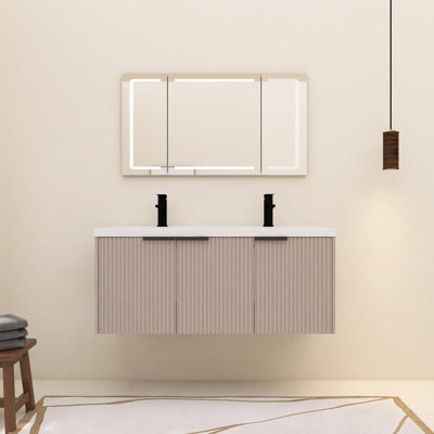Meuble-lavabo mural 48 po avec lavabo double en résine et 3 portes à fermeture en douceur