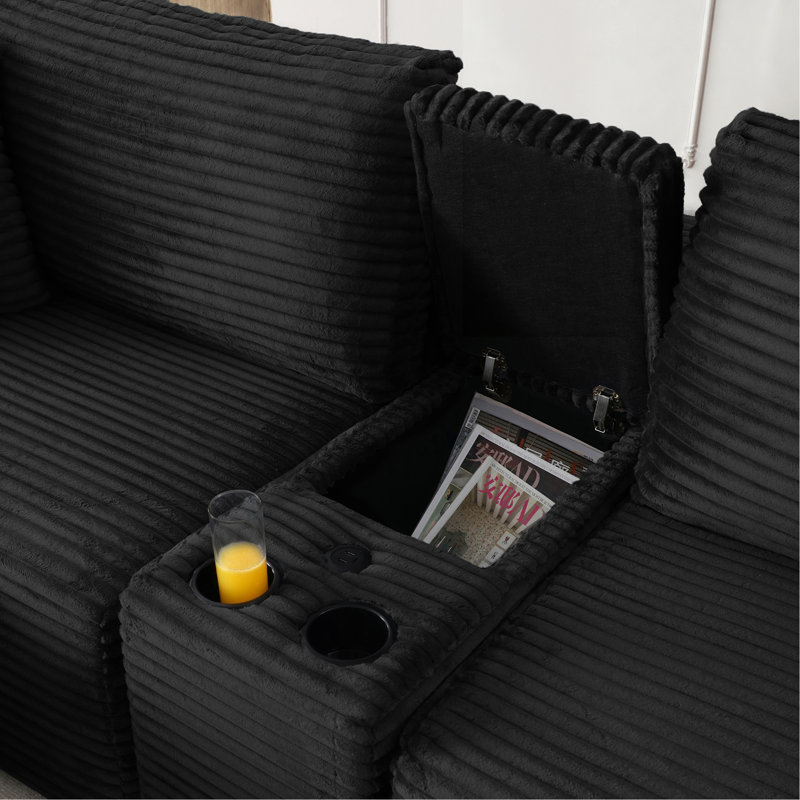 Canapé modulaire modulaire, canapé en nuage de velours côtelé à siège profond avec porte-gobelets, ports USB et boîte de rangement, canapé-lit, canapé-lit sans dossier avec repose-pieds mobile pour le salon, aucun assemblage requis, noir
