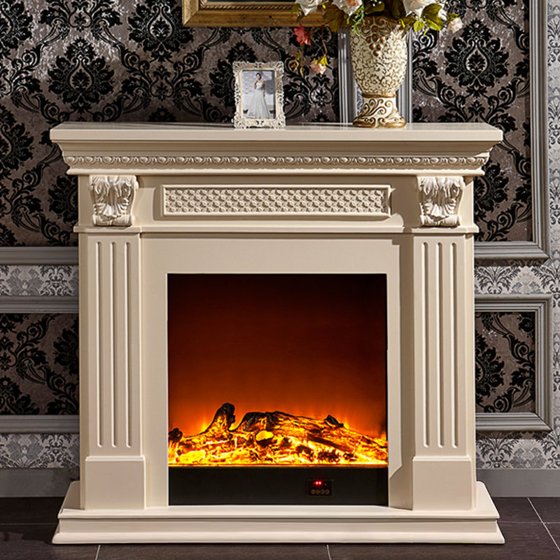 Beige Solid Wood Freestanding Fireplace