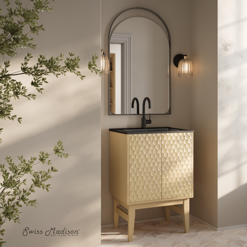 Bosse 24" Freestanding Bathroom Vanity in Natural Oak with Black 3-Hole Centerset Sink Top, Black, Natural Oak, 4" Centerset