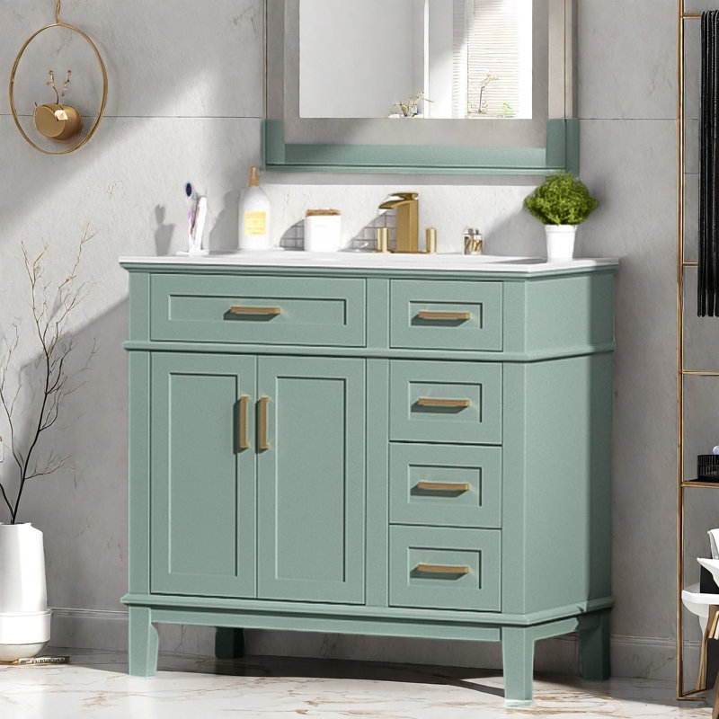 Meuble-lavabo moderne vert clair avec lavabo, bois massif et panneau de fibres à densité moyenne, parfait pour les salles de bain
