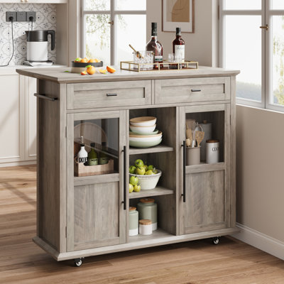 Mobile Kitchen Island Cart with Drop-Leaf Extension. Rolling Storage Cabinet with Drawers. Spice Rack & Towel Holder.  Wood Top Kitchen Cart on Wheels for Small Kitchen. Dining Room. Grey