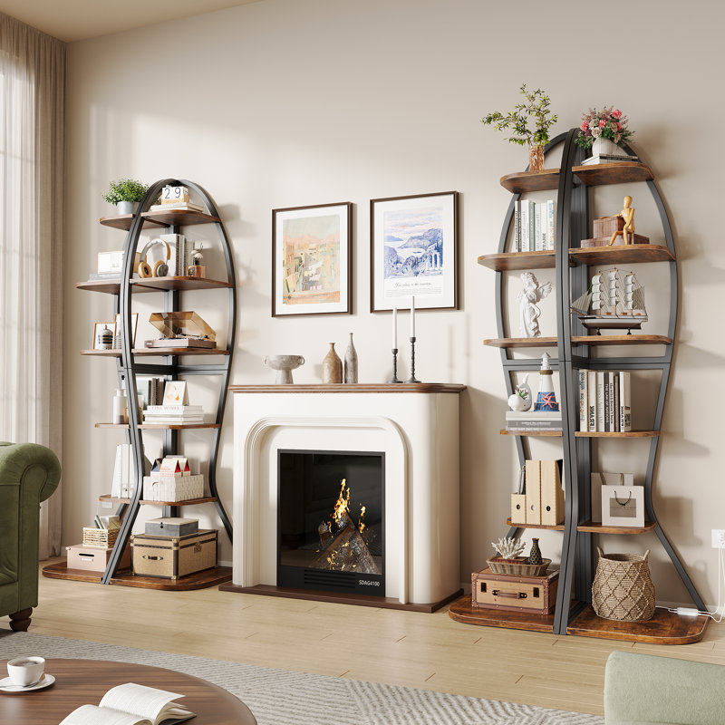 Industrial 6-Tier Tall Corner Shelf With LED Lights & Multi-Depth Storage, 68.11" Height For Living Room, Bedroom, Brown