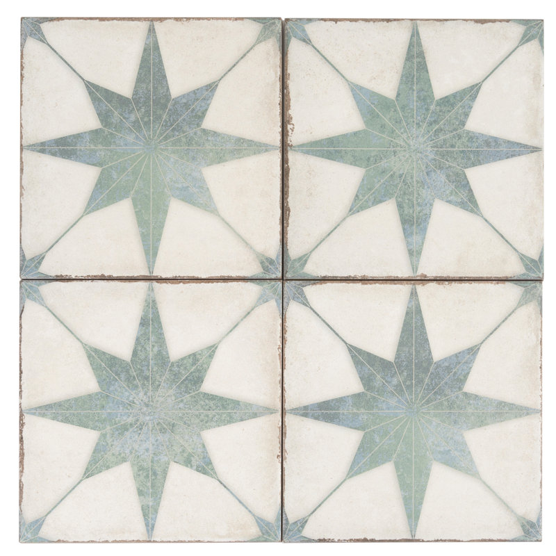 Faenza 8x8 White, Dusty Sage Green Porcelain Square Motif Wall and Floor Tile (6.46 sq ft/case) - 15 Pack, Green/White
