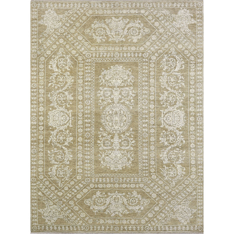 High-Quality Hand-Knotted Beige Area Rug, Rectangle 9' x 12', Brown