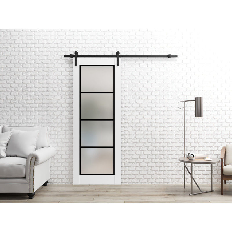 2132 Solid Manufactured Wood Panelled Wood Finish Barn Door, White Silk/Black, 36" x 80"