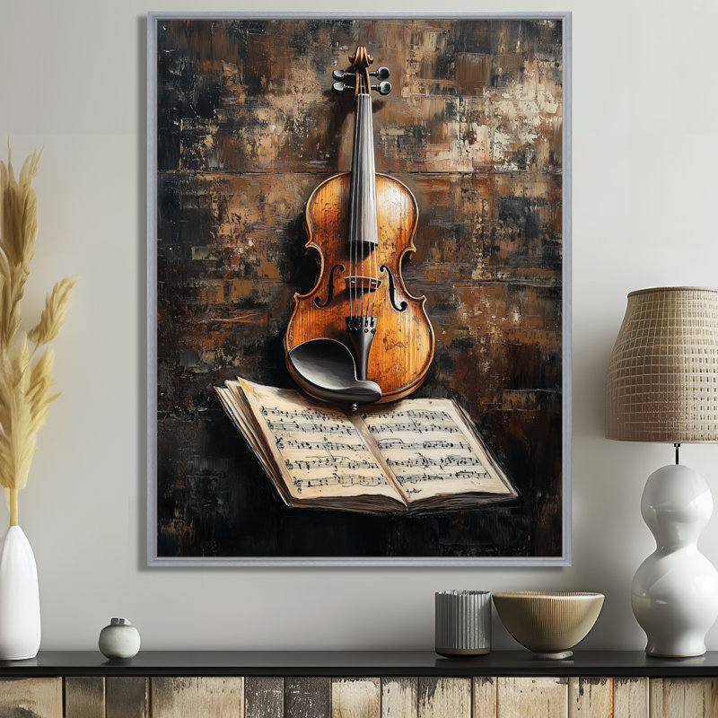 Neasa  I - Impression sur toile représentant un violon brun, H 40 po x l 30 po, Encadrement argenté