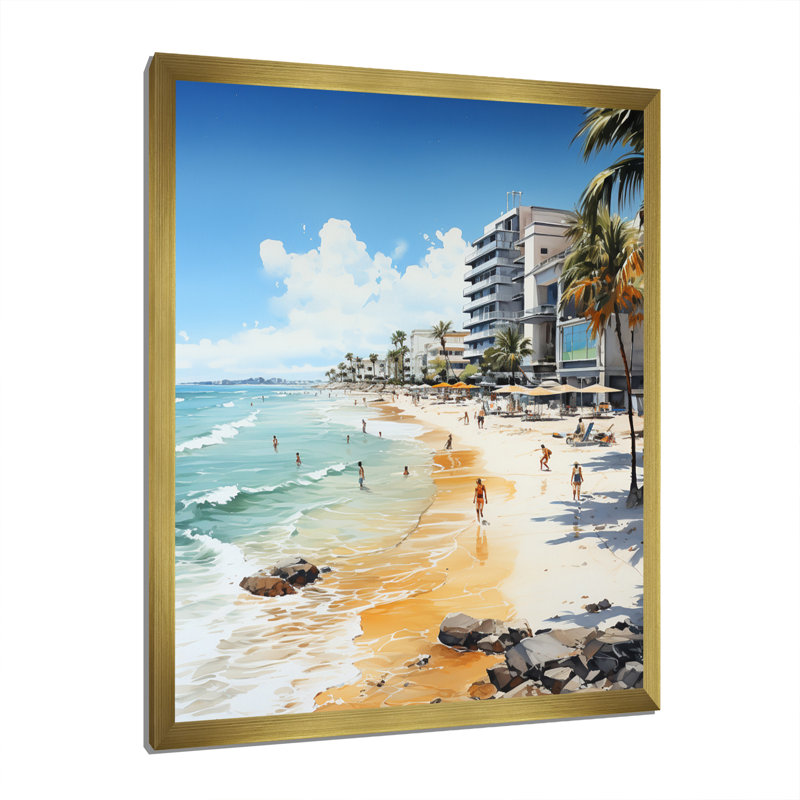 Honolulu beige turquoise Miami Beach, reproduction d'art sur toile, H 44 po x l 34 po x P 1,5 po, Encadrement doré