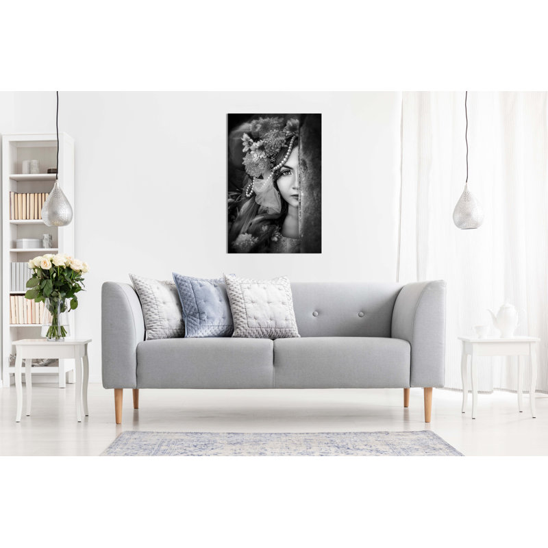 Panther Print Fine Art Prints Black & White Shy Girl With Flowers On Hair Artistic Framed Canvas Prints, Pictures For Home Walls, Bedroom, Living Room & Bathroom Decor - Wrapped Canvas Art Prints