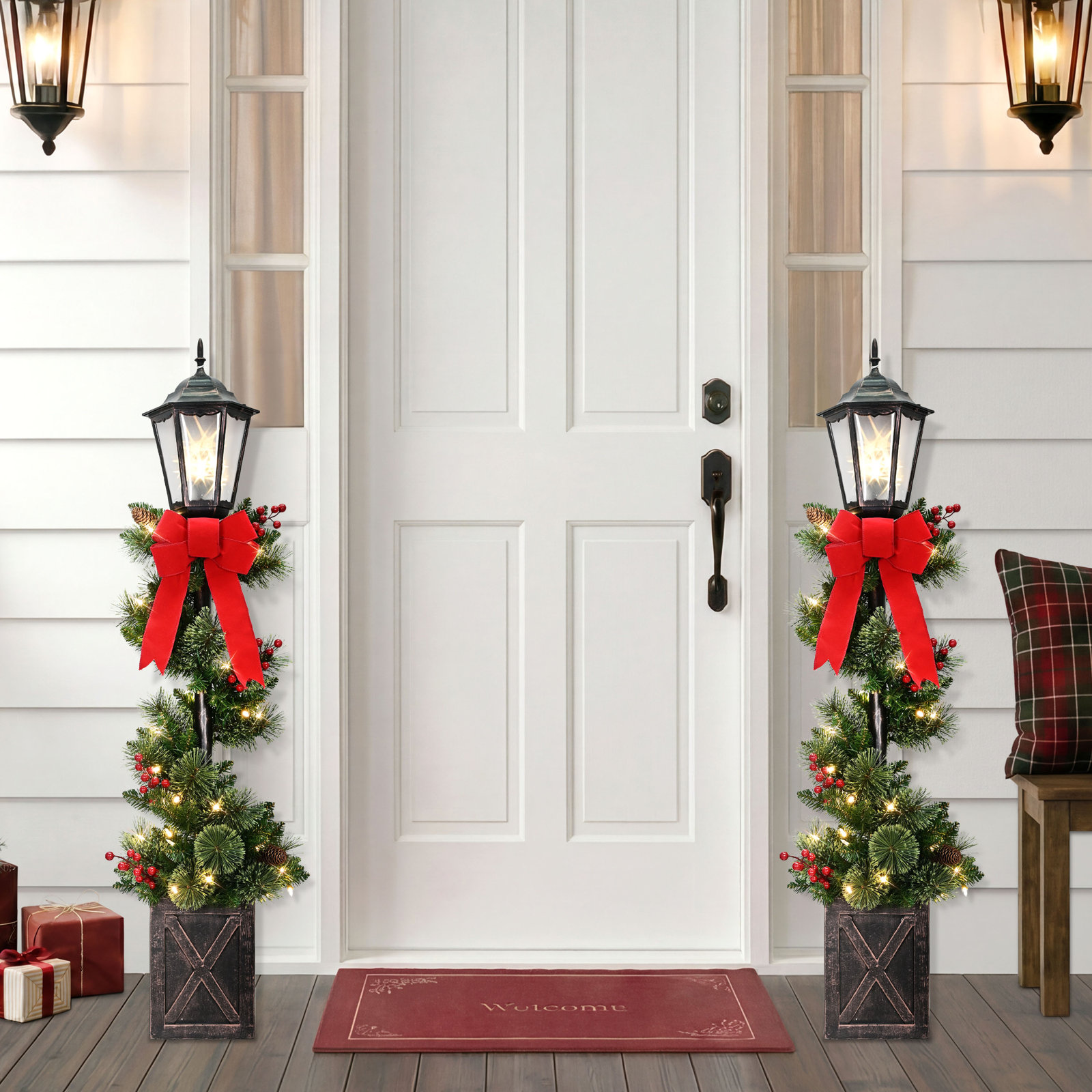 Set of 2 4 ft Pre-Lit Artificial Adorned Lamp Post with 50 Warm White LED Lights