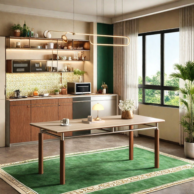 Household rock board solid wood dining table, 29.52"H x 70.86"L x 35.43"W