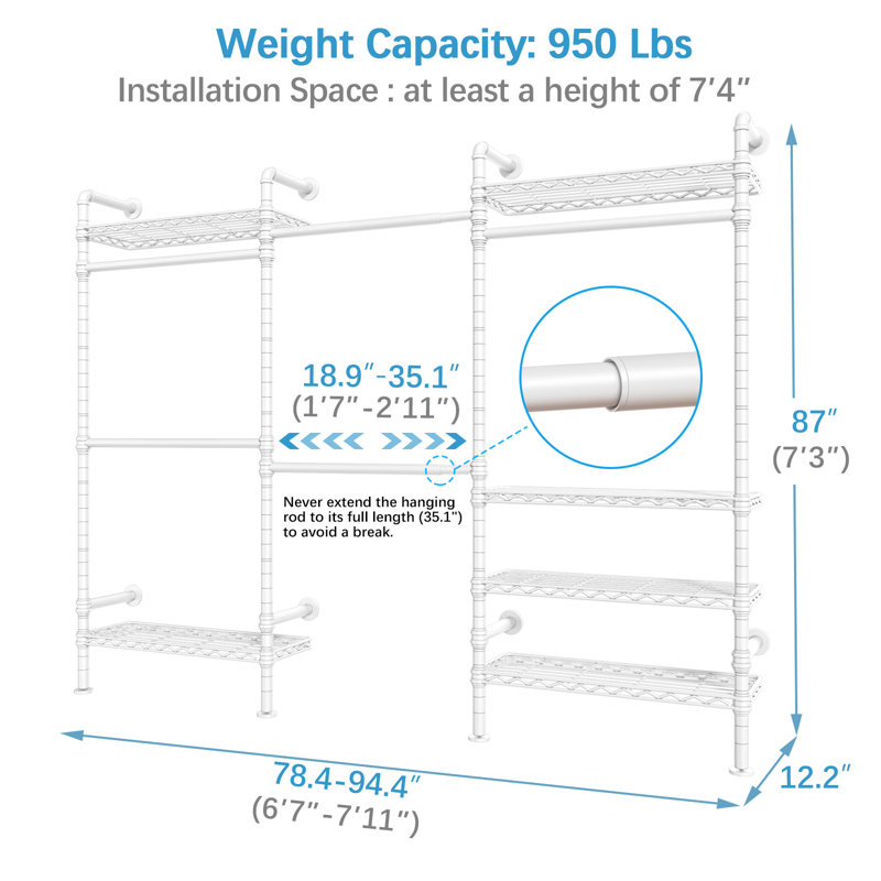 White Industrial Pipe Wall Mounted Closet System with Shelves