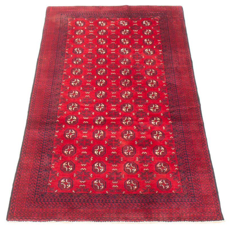 Tapis rouge en laine noué à la main de conception unique 3 pi 4 po x 6 pi 6 po Teimani