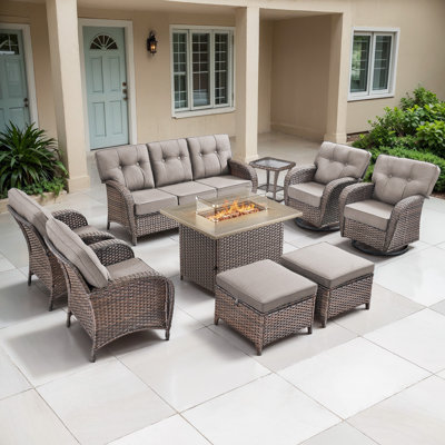 Agnes 7-9 Person Outdoor Wicker T-Back Cushions Conversation Set With Fire Pit Table